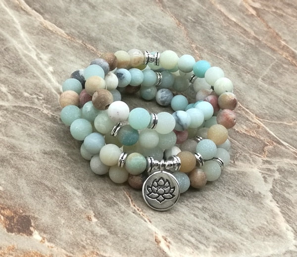 108 natural stone and Lotus OM charm Buddha 108 Beaded Prayer Bracelet or natural stone necklace jewelry