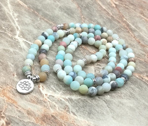 108 natural stone and Lotus OM charm Buddha 108 Beaded Prayer Bracelet or natural stone necklace jewelry