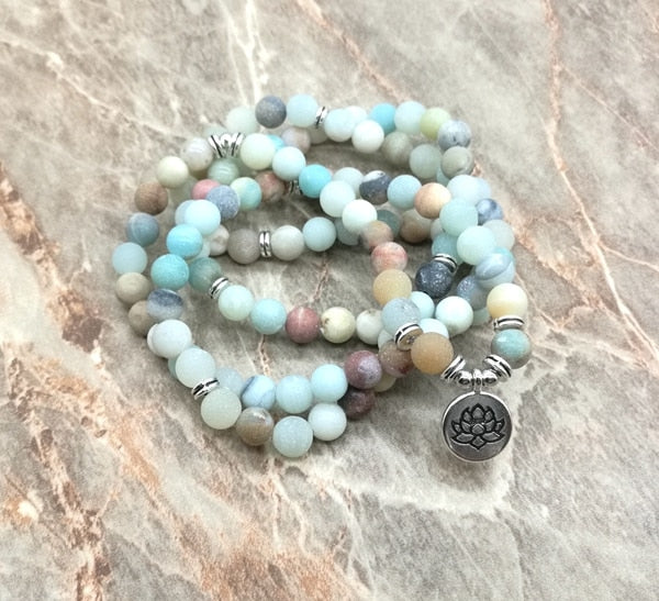 108 natural stone and Lotus OM charm Buddha 108 Beaded Prayer Bracelet or natural stone necklace jewelry