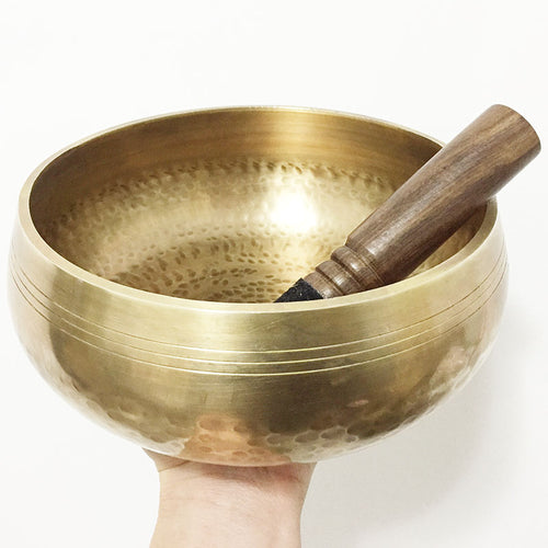 Tibetan Hammered Yellow Yoga Singing Bowl with Leather Striker and Cushion