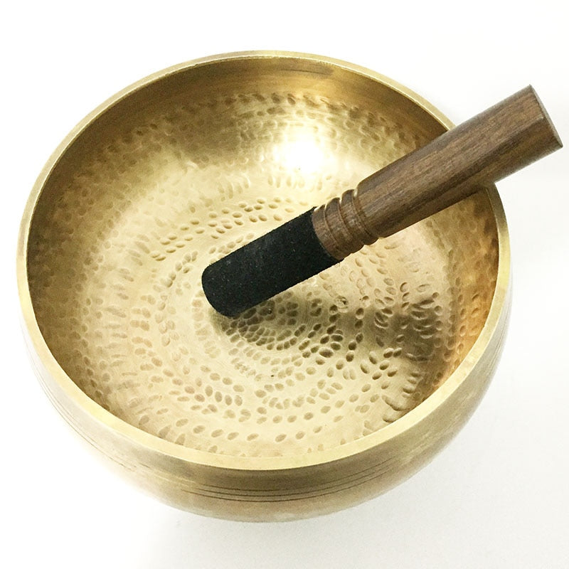 Tibetan Hammered Yellow Yoga Singing Bowl with Leather Striker and Cushion
