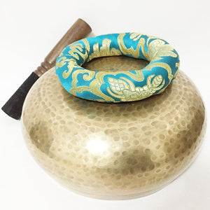Tibetan Hammered Yellow Yoga Singing Bowl with Leather Striker and Cushion