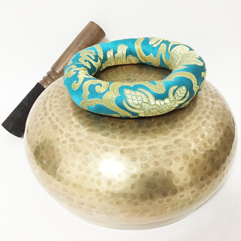 Tibetan Hammered Yellow Yoga Singing Bowl with Leather Striker and Cushion