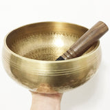 Tibetan Hammered Yellow Yoga Singing Bowl with Leather Striker and Cushion