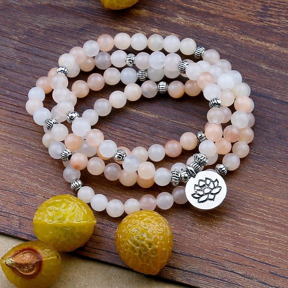 108 Prayer Beads Mala Bracelet Pink Aventurine Wrapped Wrists Lotus Charm Bracelet for Unisex Buddha Yoga Jewelry