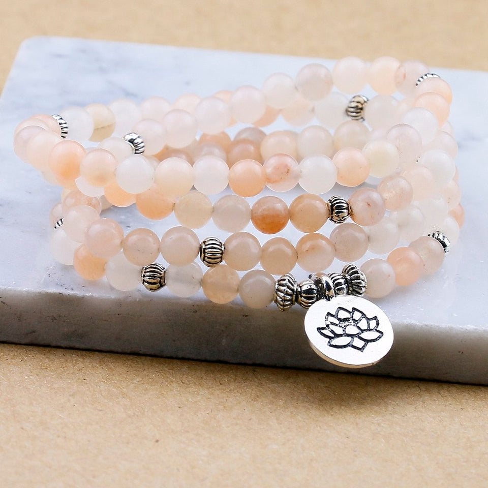 108 Prayer Beads Mala Bracelet Pink Aventurine Wrapped Wrists Lotus Charm Bracelet for Unisex Buddha Yoga Jewelry