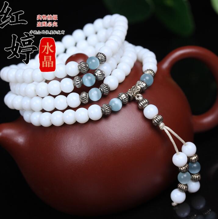 6mm White Chalcedony Beaded Stone Tibetan Buddhist 108 Prayer Beads Necklace Gourd Mala Prayer Bracelet with Beads Tassel