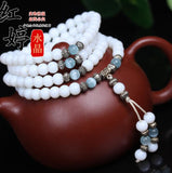 6mm White Chalcedony Beaded Stone Tibetan Buddhist 108 Prayer Beads Necklace Gourd Mala Prayer Bracelet with Beads Tassel
