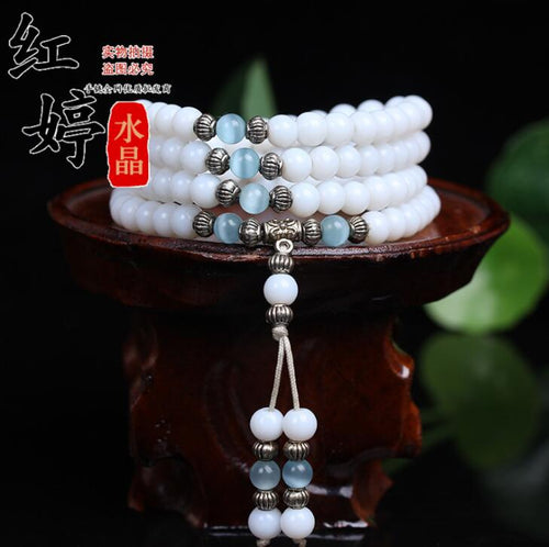 6mm White Chalcedony Beaded Stone Tibetan Buddhist 108 Prayer Beads Necklace Gourd Mala Prayer Bracelet with Beads Tassel