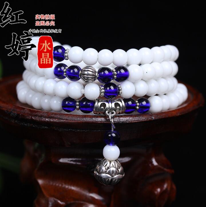 6mm White Chalcedony Beaded Stone Tibetan Buddhist 108 Prayer Beads Necklace Gourd Mala Prayer Bracelet with Beads Tassel