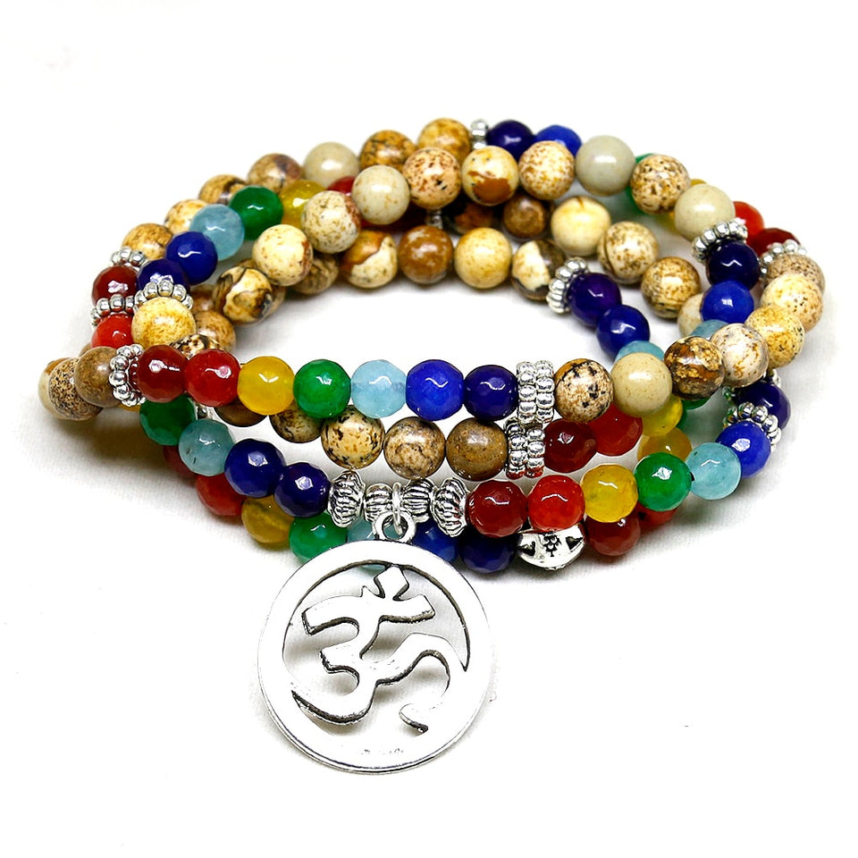 7 Chakra Healing Balance Bracelet Picture Stone Gem Yoga Reiki Prayer Stone Charms 108 Bead Bracelet Multilayer Bangle Women Men