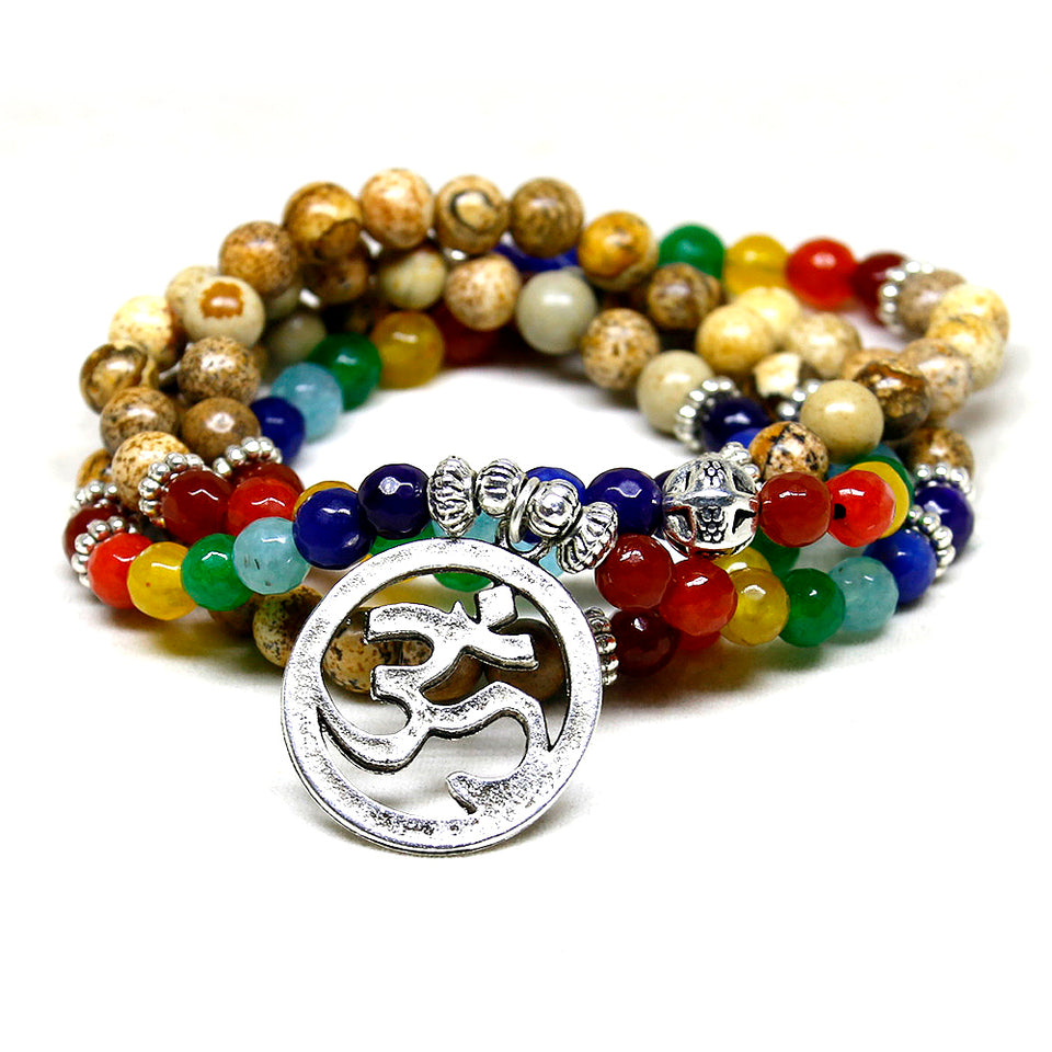 7 Chakra Healing Balance Bracelet Picture Stone Gem Yoga Reiki Prayer Stone Charms 108 Bead Bracelet Multilayer Bangle Women Men