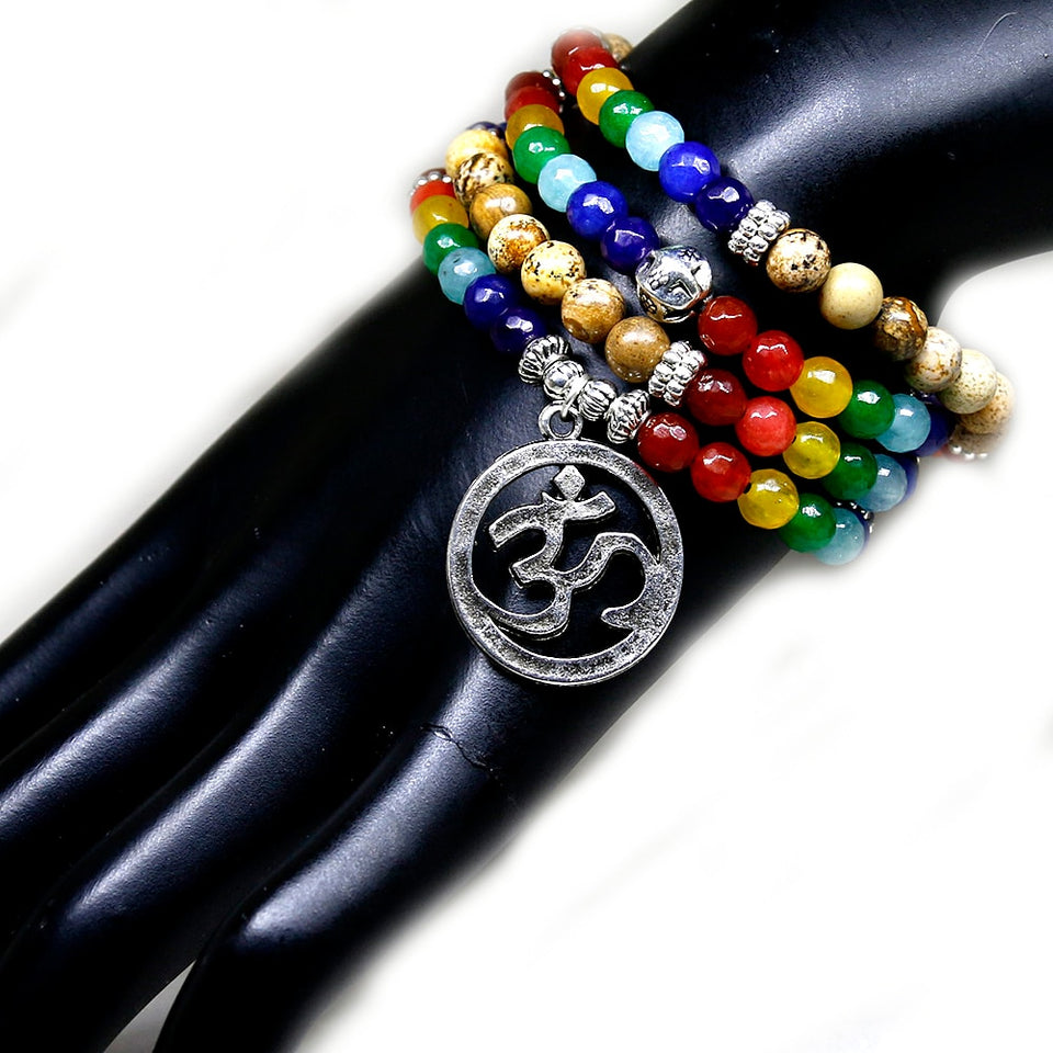 7 Chakra Healing Balance Bracelet Picture Stone Gem Yoga Reiki Prayer Stone Charms 108 Bead Bracelet Multilayer Bangle Women Men