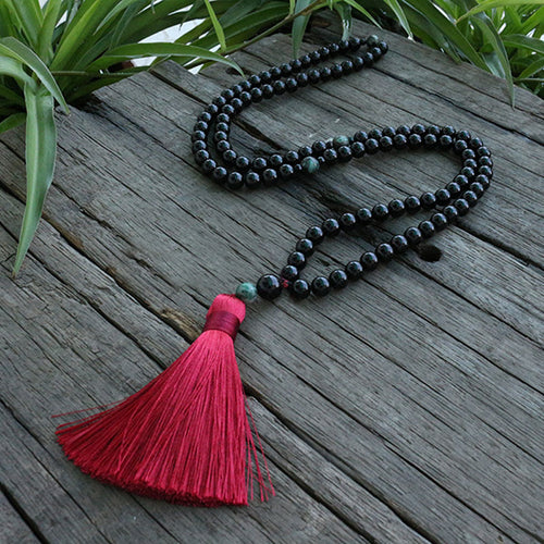 Black Onyx And Qinghai Jadeite Beads Necklace, Strength And Courage Japa Mala.