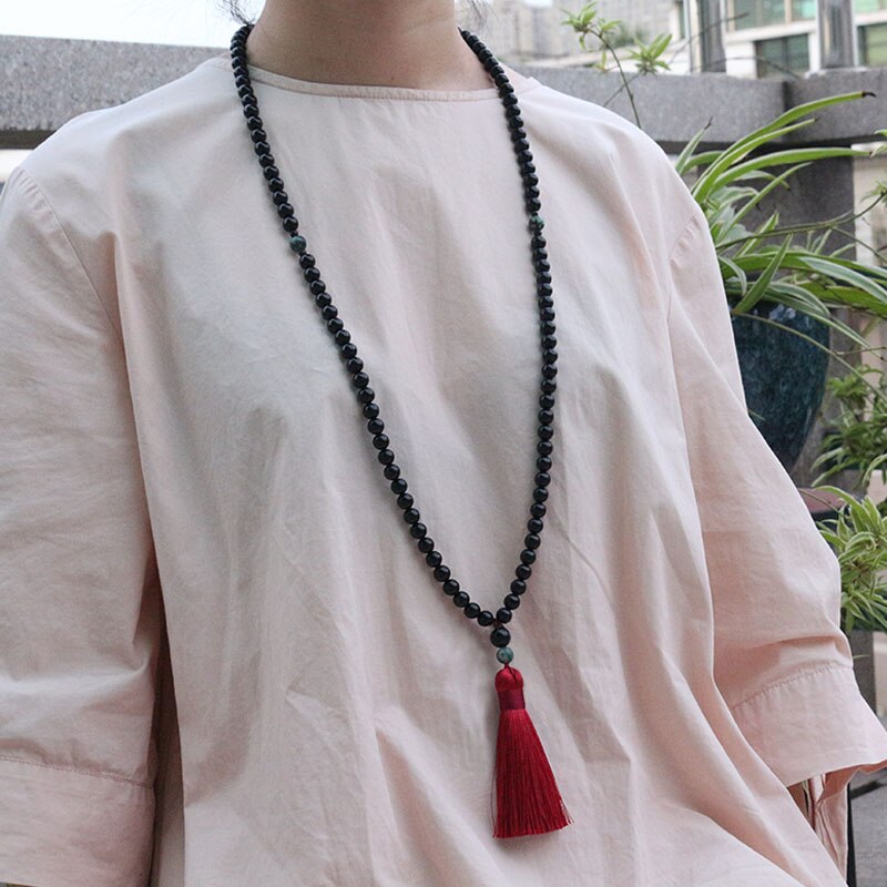 Black Onyx And Qinghai Jadeite Beads Necklace, Strength And Courage Japa Mala.