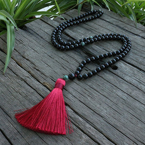Black Onyx And Qinghai Jadeite Beads Necklace, Strength And Courage Japa Mala.