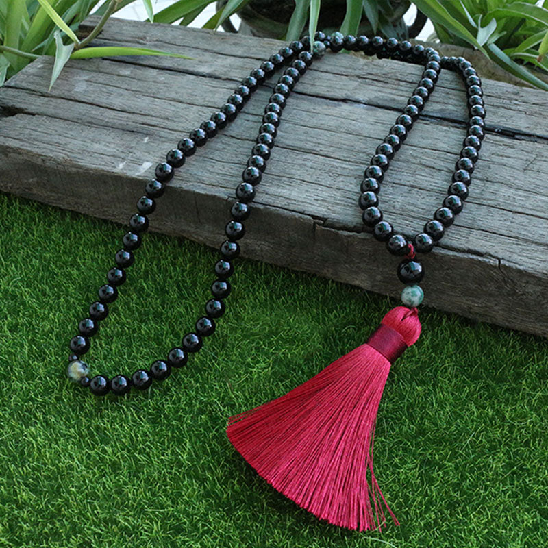 Black Onyx And Qinghai Jadeite Beads Necklace, Strength And Courage Japa Mala.