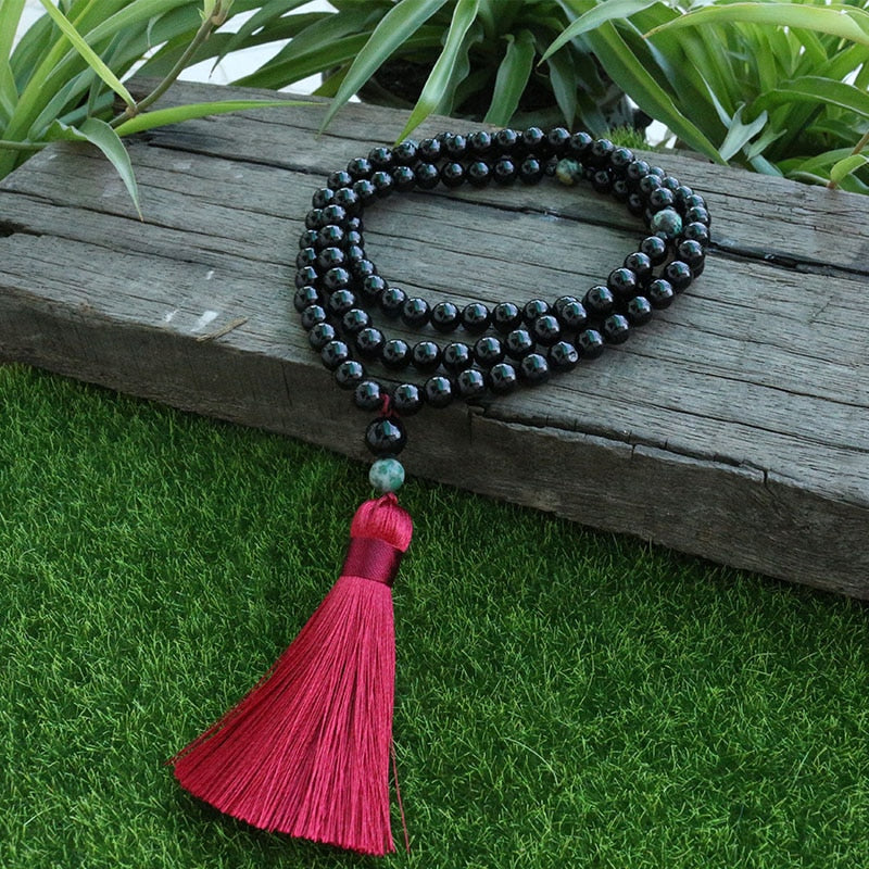 Black Onyx And Qinghai Jadeite Beads Necklace, Strength And Courage Japa Mala.