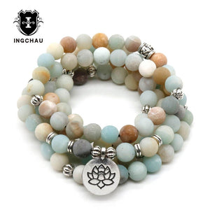 Buddhism Frosted Amazonite Bracelet Lotus Rosary 108 Prayer Beads Mala Bracelets or Necklace Women Tibetan Jewelry  BD-22