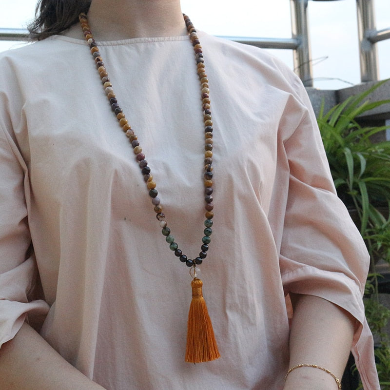 Egg Yolk Stone And Garnet Mala Beads Necklace, Build Self Confidence JaPaMala,108 Bead Mala, Mala Jewelry, Mala Prayer Beads