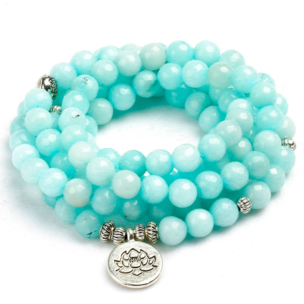 8mm Faced Natural Blue Chalcedony 108 Mala Beads Bracelet Buddhist Om Charm Bracelet For Women Handmade Men Bangle Jewelry Gift