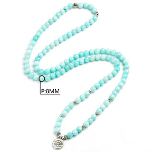 8mm Faced Natural Blue Chalcedony 108 Mala Beads Bracelet Buddhist Om Charm Bracelet For Women Handmade Men Bangle Jewelry Gift