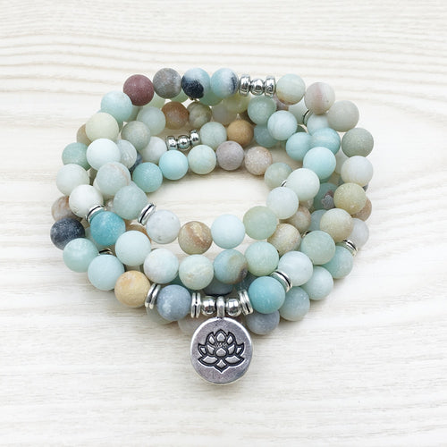 8mm Frosted matte Amazonite bracelet 108 Prayer beads Lotus om wrist Man 108 Amazonite Mala beads bracelet