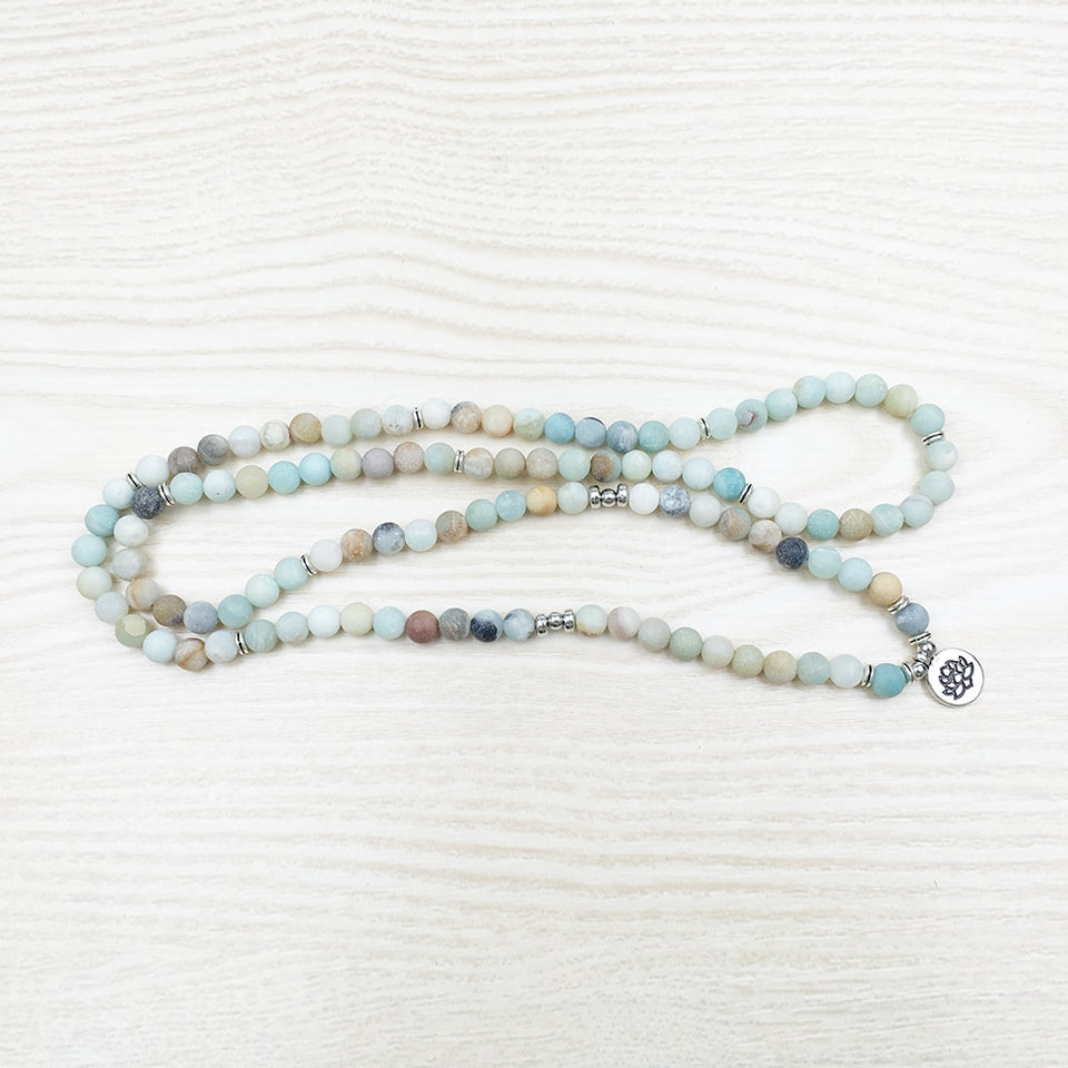 8mm Frosted matte Amazonite bracelet 108 Prayer beads Lotus om wrist Man 108 Amazonite Mala beads bracelet