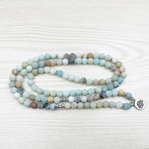 8mm Frosted matte Amazonite bracelet 108 Prayer beads Lotus om wrist Man 108 Amazonite Mala beads bracelet