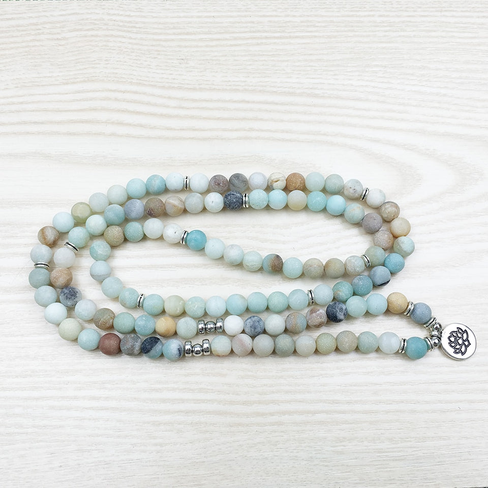 8mm Frosted matte Amazonite bracelet 108 Prayer beads Lotus om wrist Man 108 Amazonite Mala beads bracelet