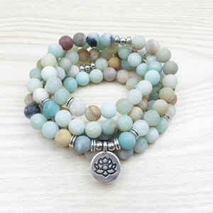 8mm Frosted matte Amazonite bracelet 108 Prayer beads Lotus om wrist Man 108 Amazonite Mala beads bracelet