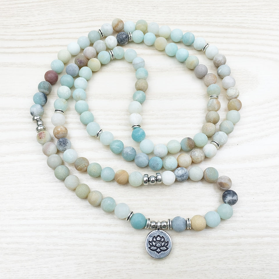 8mm Frosted matte Amazonite bracelet 108 Prayer beads Lotus om wrist Man 108 Amazonite Mala beads bracelet