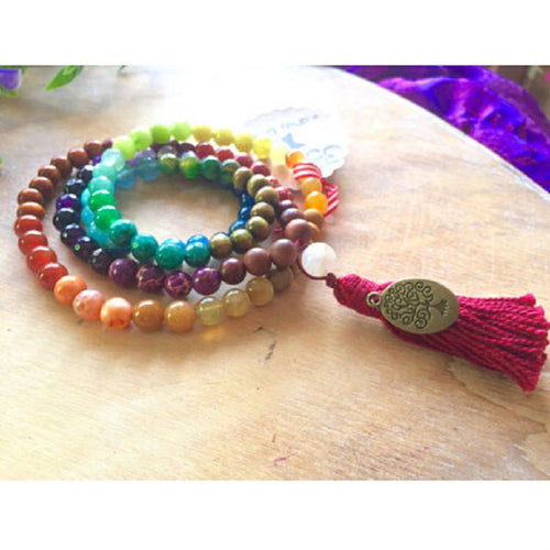 8mm Natural Colorful Chakra Energy Stone Hand Made 108 Mala Bracelet with Tree of Life Pendant Yoga Tassel Necklace Dropshipping