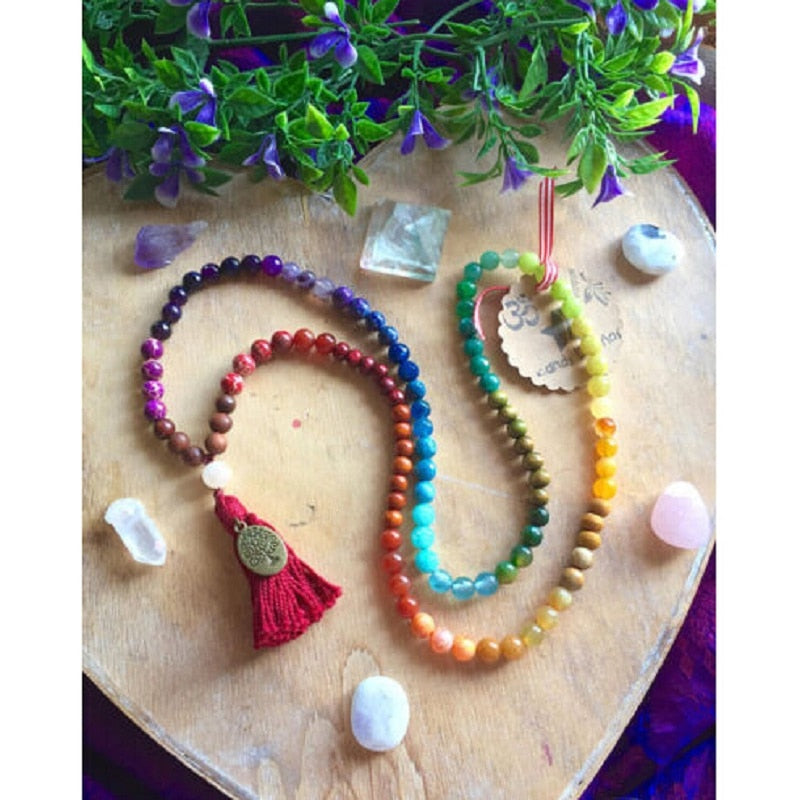 8mm Natural Colorful Chakra Energy Stone Hand Made 108 Mala Bracelet with Tree of Life Pendant Yoga Tassel Necklace Dropshipping