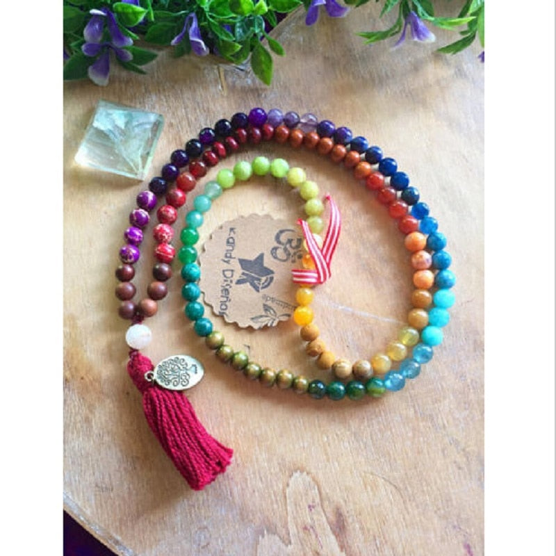 8mm Natural Colorful Chakra Energy Stone Hand Made 108 Mala Bracelet with Tree of Life Pendant Yoga Tassel Necklace Dropshipping
