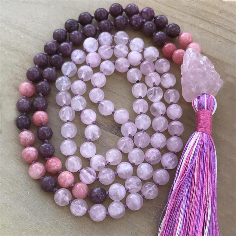 8mm Natural Purple Pink Crystal 108 Beads Tassel Mala Hand Knotted Yoga Energy Healing Necklace Fashion Women Jewelry Dropship