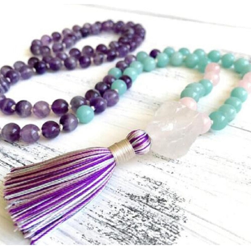 8mm Natural Purple Pink Crystal 108 Beads Tassel Mala Hand Knotted Yoga Energy Healing Necklace Fashion Women Jewelry Dropship
