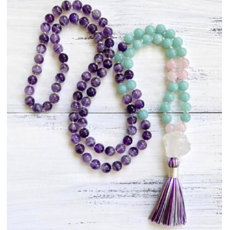 8mm Natural Purple Pink Crystal 108 Beads Tassel Mala Hand Knotted Yoga Energy Healing Necklace Fashion Women Jewelry Dropship