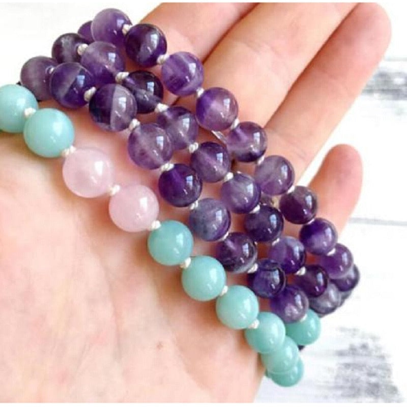 8mm Natural Purple Pink Crystal 108 Beads Tassel Mala Hand Knotted Yoga Energy Healing Necklace Fashion Women Jewelry Dropship
