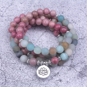 8mm Natural Rhodochrosite With Frosted Amazonite beads Strand Bracelet  Lotus OM Buddha Charm Yoga Bracelet 108 mala necklace
