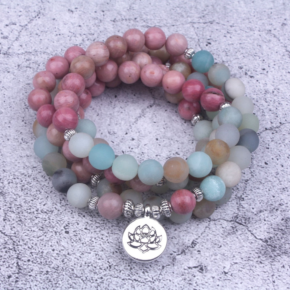 8mm Natural Rhodochrosite With Frosted Amazonite beads Strand Bracelet  Lotus OM Buddha Charm Yoga Bracelet 108 mala necklace