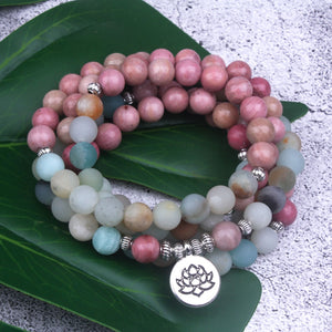 8mm Natural Rhodochrosite With Frosted Amazonite beads Strand Bracelet  Lotus OM Buddha Charm Yoga Bracelet 108 mala necklace