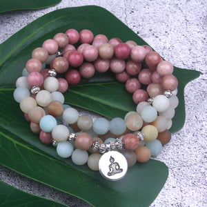 8mm Natural Rhodochrosite With Frosted Amazonite beads Strand Bracelet  Lotus OM Buddha Charm Yoga Bracelet 108 mala necklace