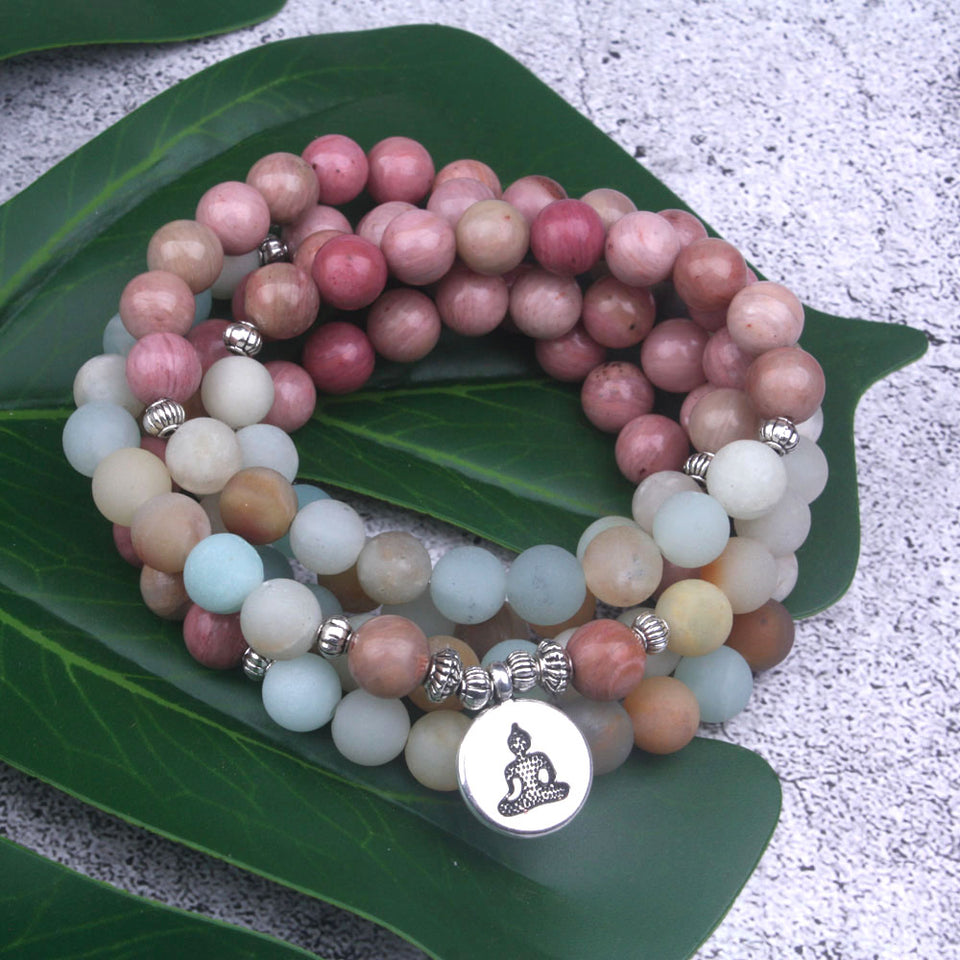 8mm Natural Rhodochrosite With Frosted Amazonite beads Strand Bracelet  Lotus OM Buddha Charm Yoga Bracelet 108 mala necklace
