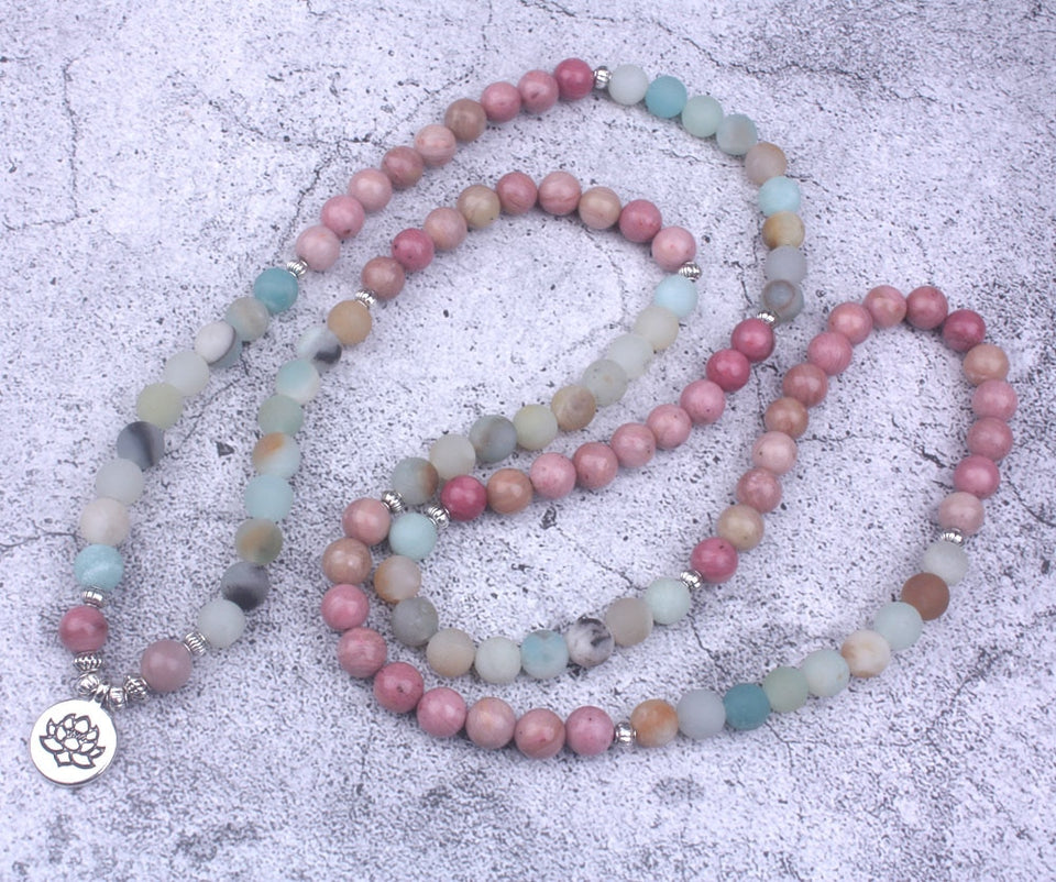 8mm Natural Rhodochrosite With Frosted Amazonite beads Strand Bracelet  Lotus OM Buddha Charm Yoga Bracelet 108 mala necklace