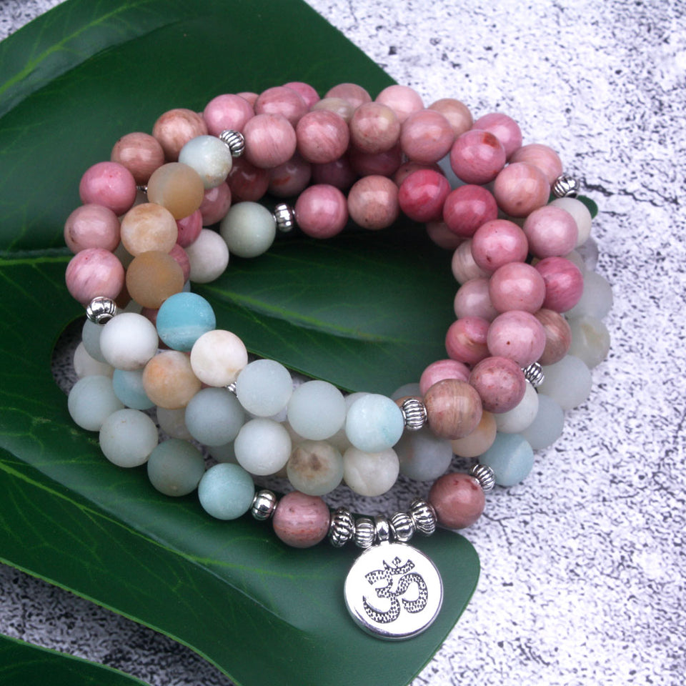 8mm Natural Rhodochrosite With Frosted Amazonite beads Strand Bracelet  Lotus OM Buddha Charm Yoga Bracelet 108 mala necklace