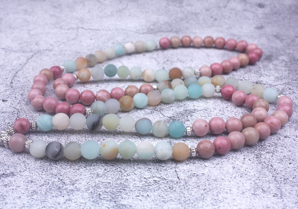 8mm Natural Rhodochrosite With Frosted Amazonite beads Strand Bracelet  Lotus OM Buddha Charm Yoga Bracelet 108 mala necklace
