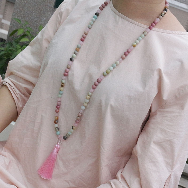 8mm Rhodochrosite And Amazonite Beads Necklace, Peaceful Heart Calming JaPaMala, 108 Bead Mala, Mala Jewelry, Mala Prayer Beads