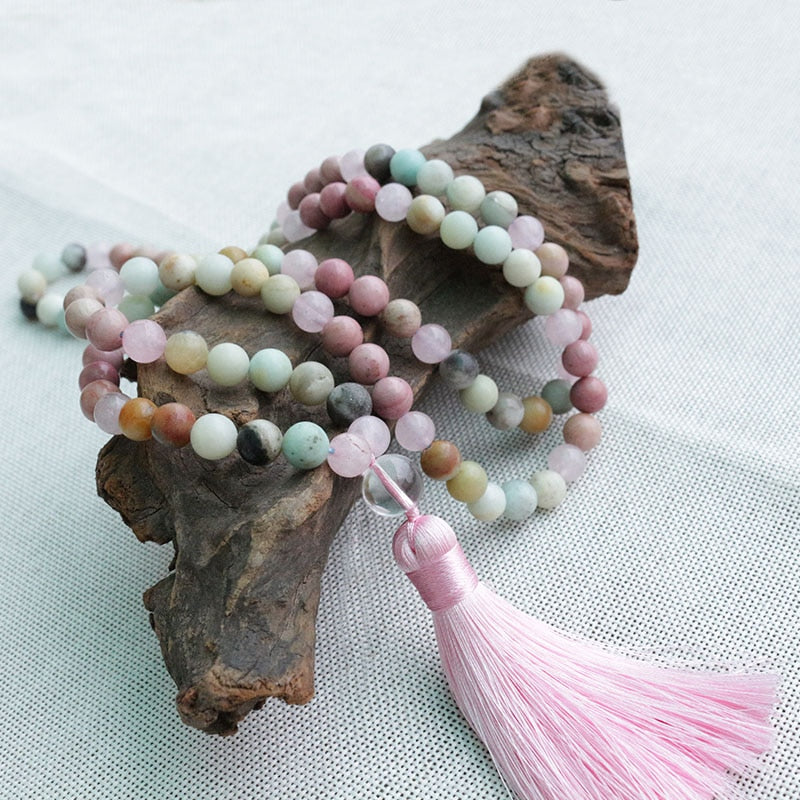 8mm Rhodochrosite And Amazonite Beads Necklace, Peaceful Heart Calming JaPaMala, 108 Bead Mala, Mala Jewelry, Mala Prayer Beads