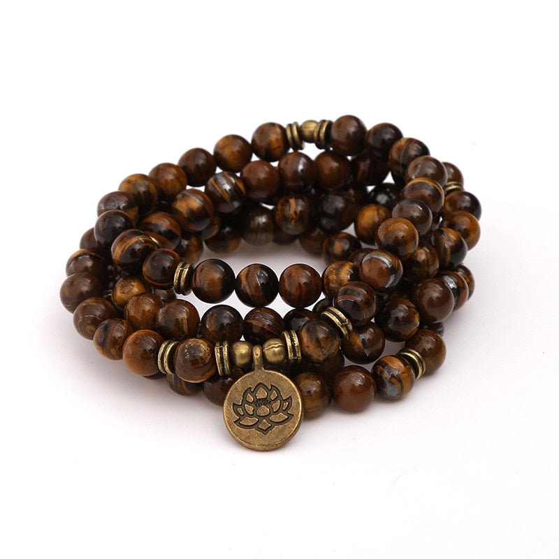 8mm Tiger Eye Stone Beads Strand Charm Chakra Bracelet or Necklace Yoga Lotus OM Buddha 108 Mala Bracelet for Men Women